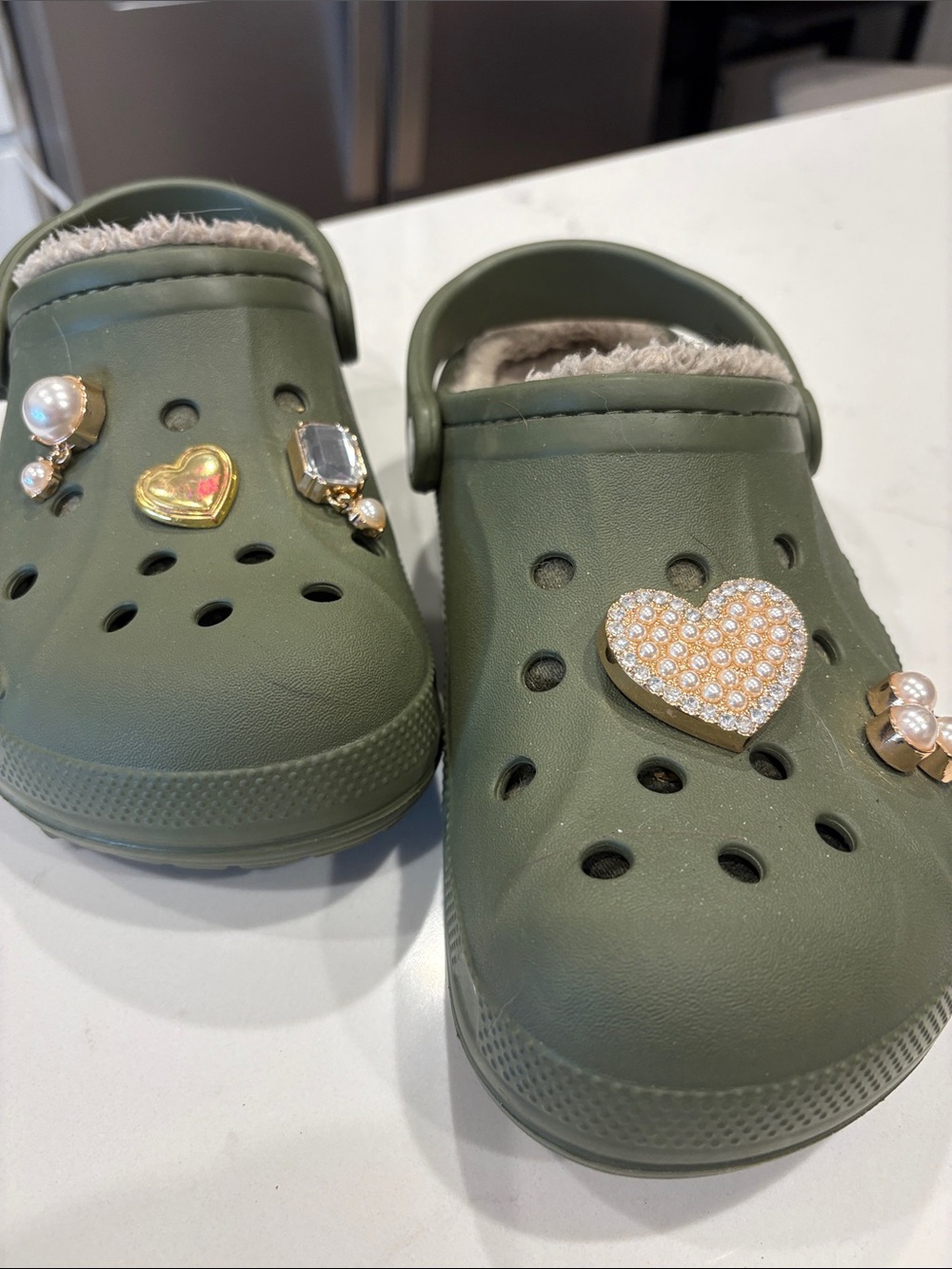Womens CROCS Olive Green Faux-Fur Lined Clog with Heart and Jewel Charms
